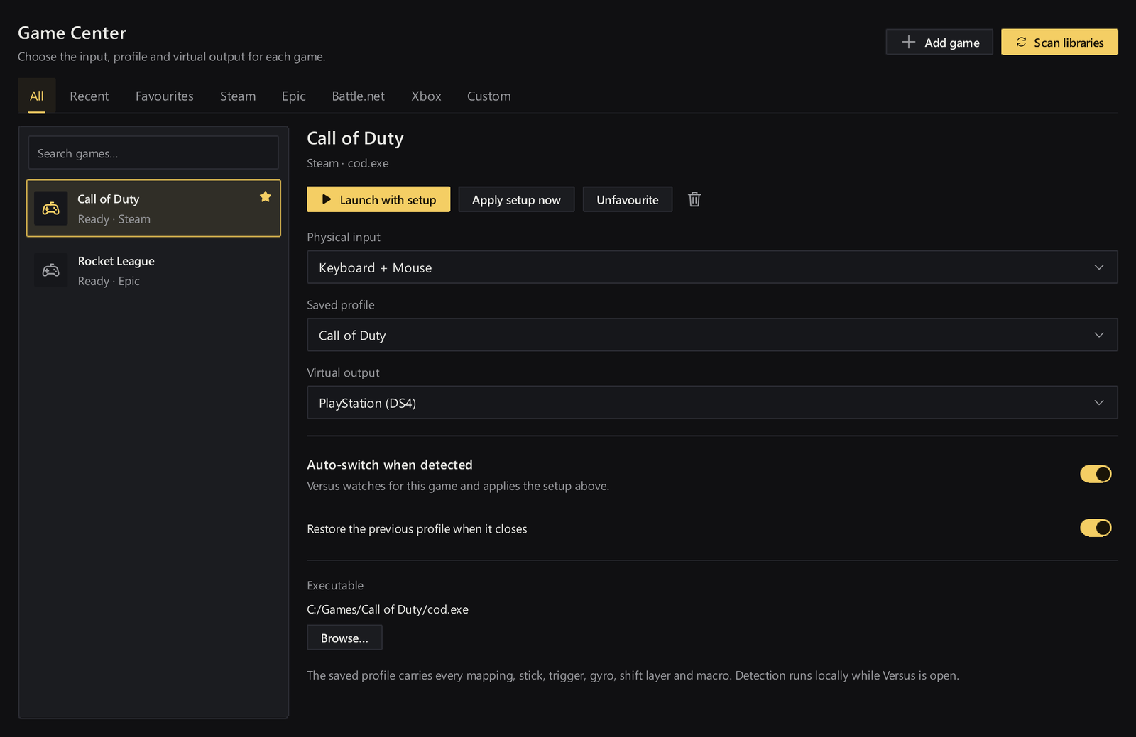 Versus Remap Game Center: Per-Game Profiles and Autodetect