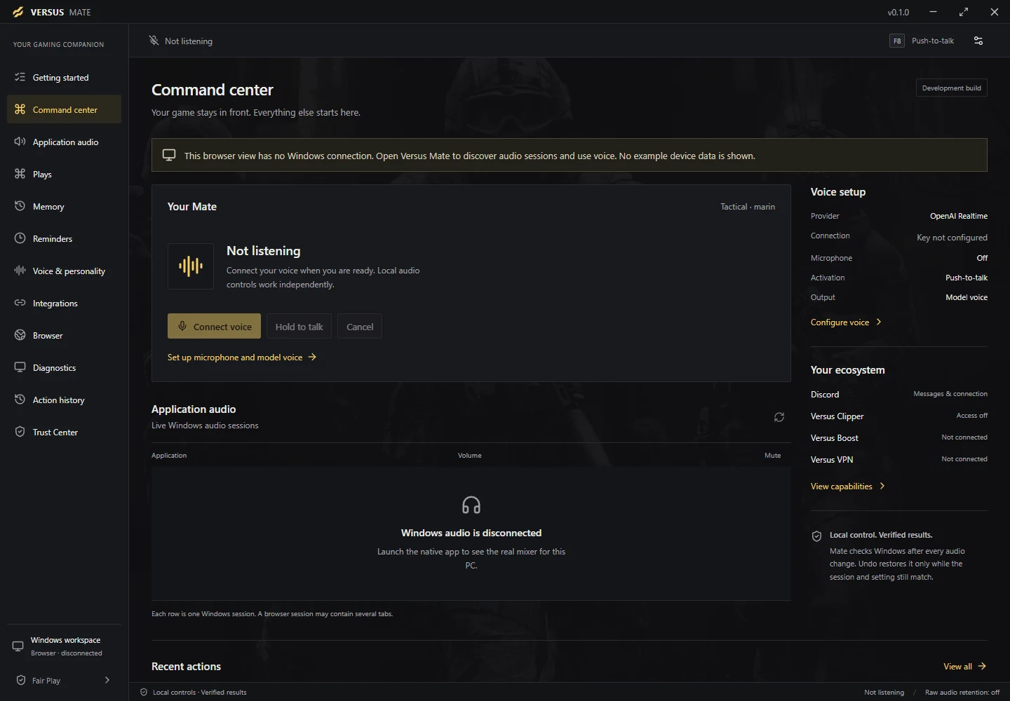 Versus Mate command center in the current development interface