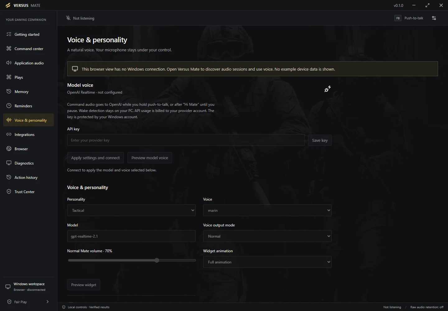 Mate voice and personality settings interface