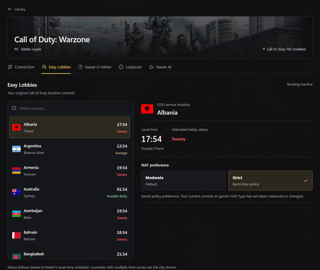 Versus VPN game workspace showing Call of Duty location and NAT preferences