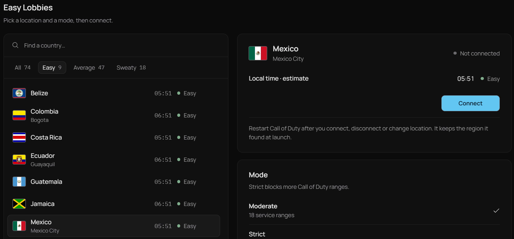 Easy Lobbies locations rated by local time, with Moderate and Strict modes