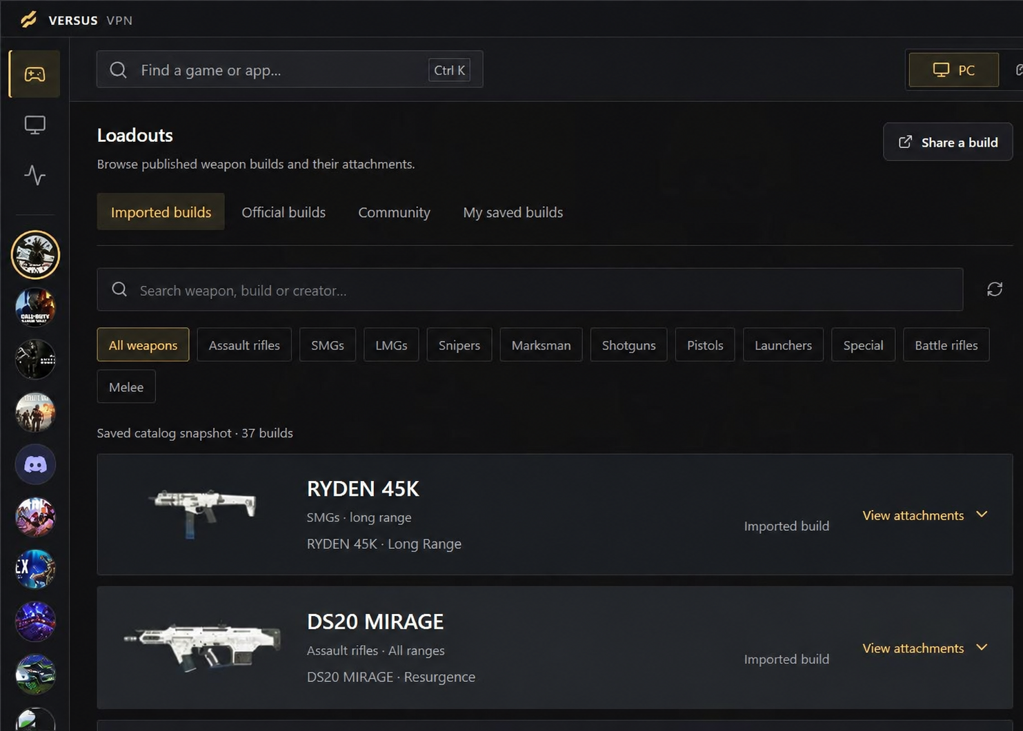 Versus weapon loadout browser with attachment builds
