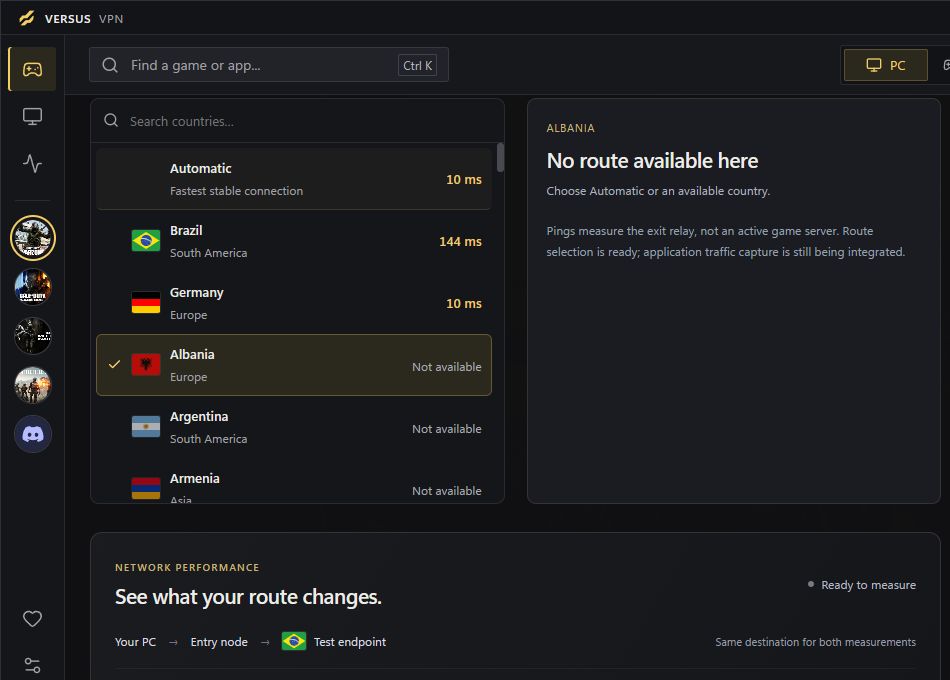 Actual Versus country selection and connection controls