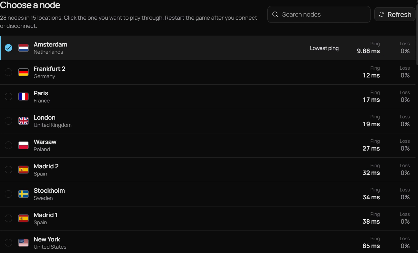 Versus VPN Ping Boost node list