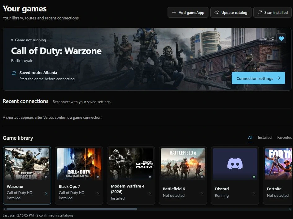 Versus VPN game library and connection workspace